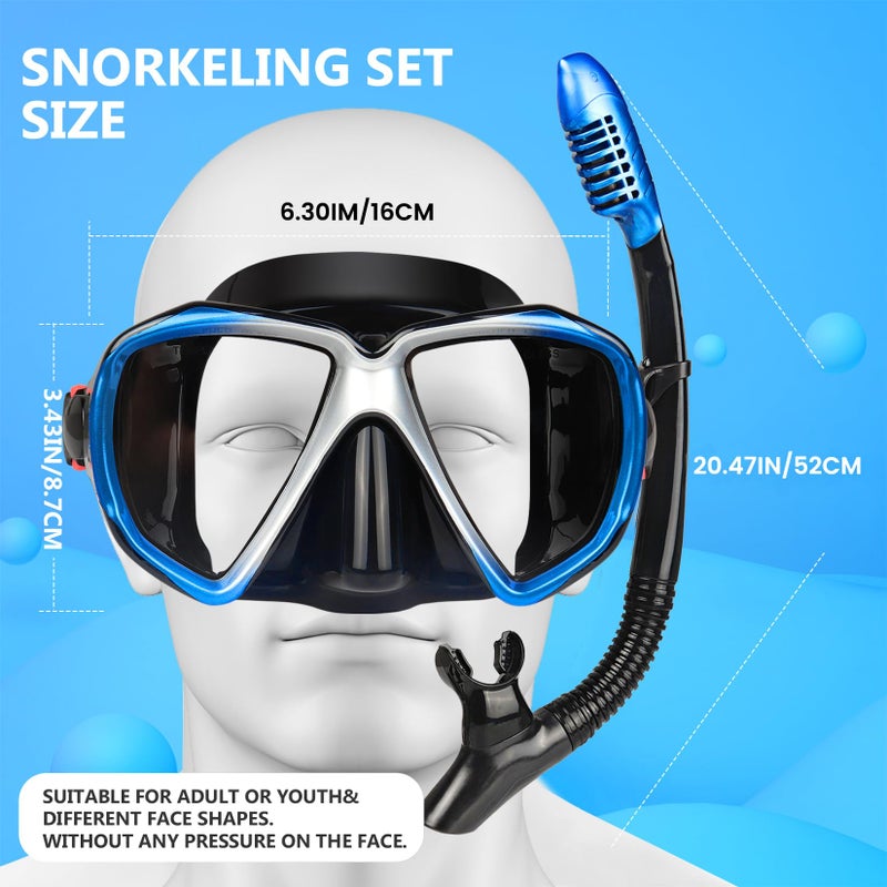 EXP VISION Adult Snorkel Set, Professional Snorkeling Gear Panoramic Anti-Fog Diving Goggles and Dry Snorkel Tempered Glass Scuba Mask for Diving, Snorkeling and Swimming (Blue-Silver Set) - Image 2